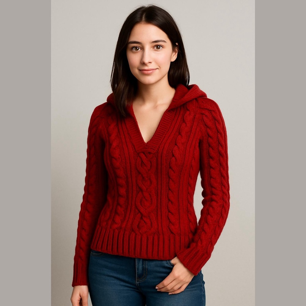 Moda International Red Cable Knit Hooded Sweater Small V Neck Pullover Vintage